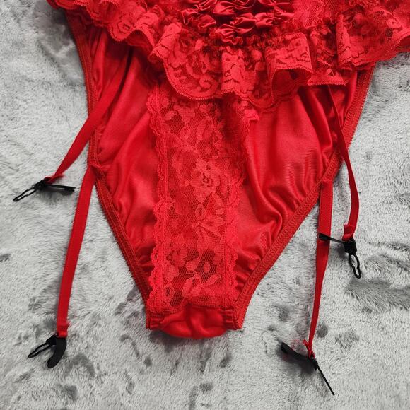 Vintage 80s Teddy Womens L Red Satin Ribbon Lace Ruffled Teddy Bodysuit Garters - Picture 3 of 10